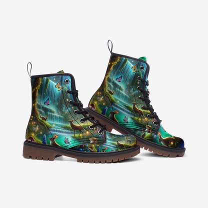 Emerald Blossoms - Waterfall Forest Vegan Leather Boots, Nature Lovers Hippie Style