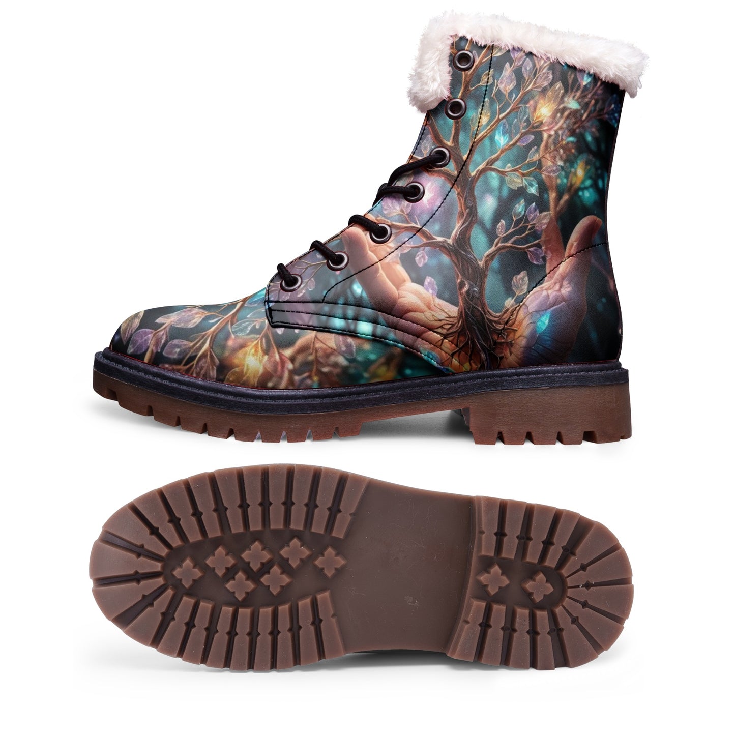 Emerald Blossoms - Colorful Tree of Life Faux Fur Leather Boots for Free-Spirited Hippies