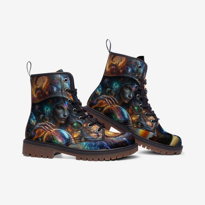 Emerald Blossoms - Galactic Hippie Witch Vegan Leather Boots, Cosmic Boho Style