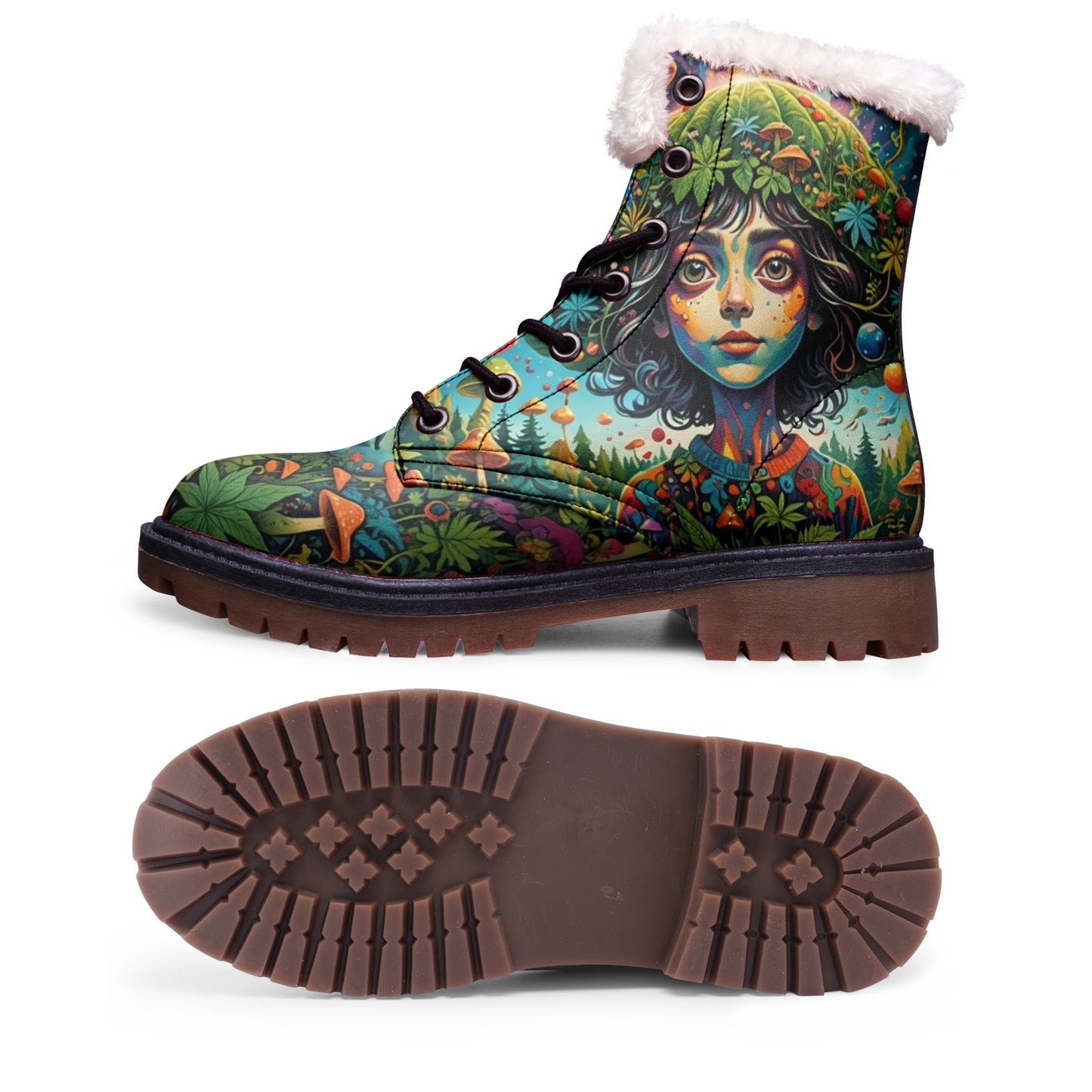 Emerald Blossoms - Forest Girl & Magic Mushrooms Faux Fur Leather Boots – Nature-Loving Hippie Style