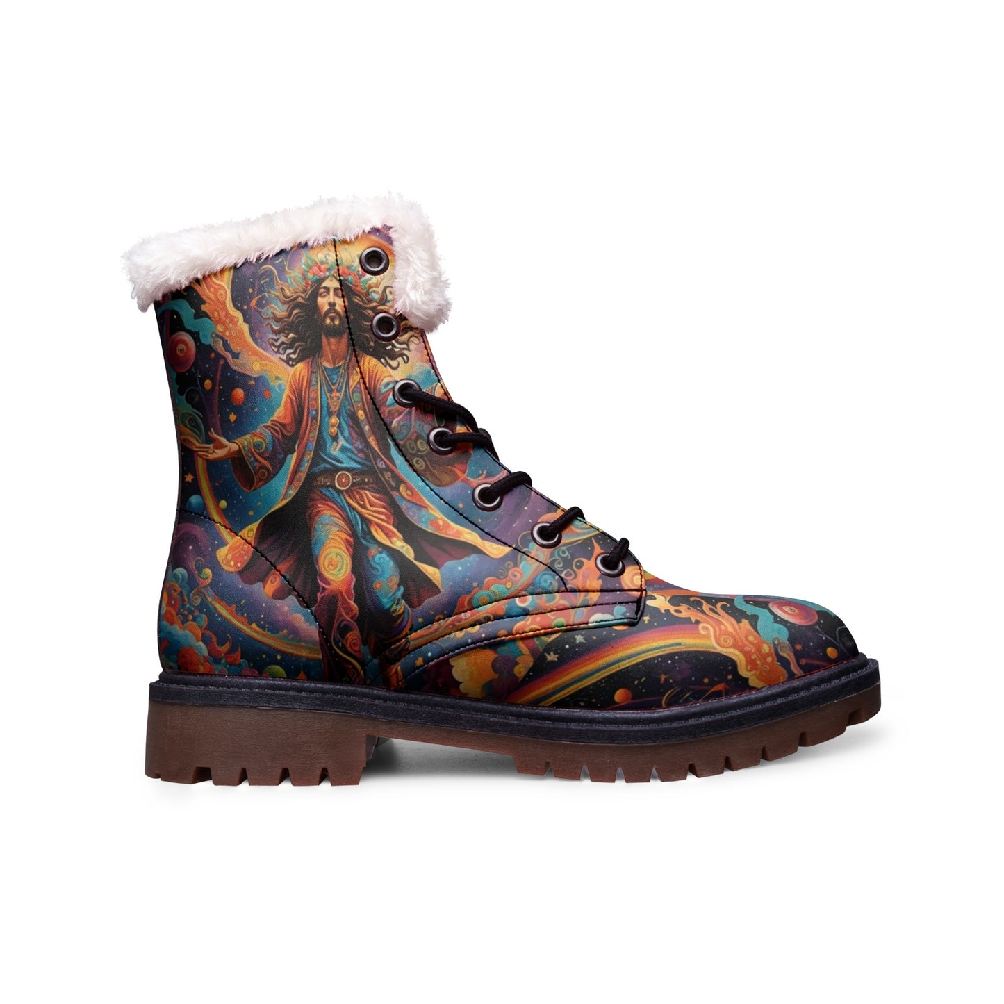 Emerald Blossoms - Hippie Flying Man Faux Fur Leather Boots