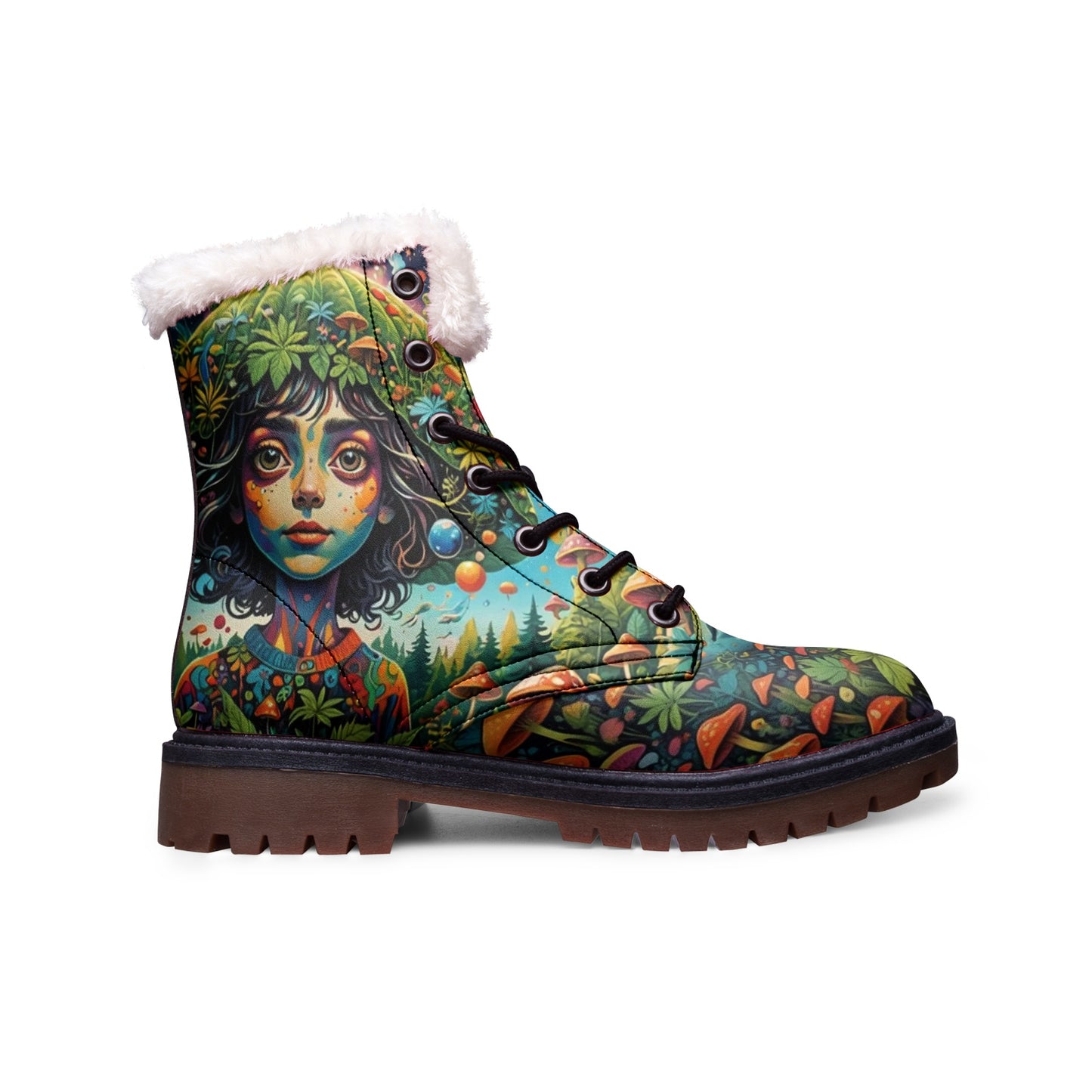 Emerald Blossoms - Forest Girl & Magic Mushrooms Faux Fur Leather Boots – Nature-Loving Hippie Style