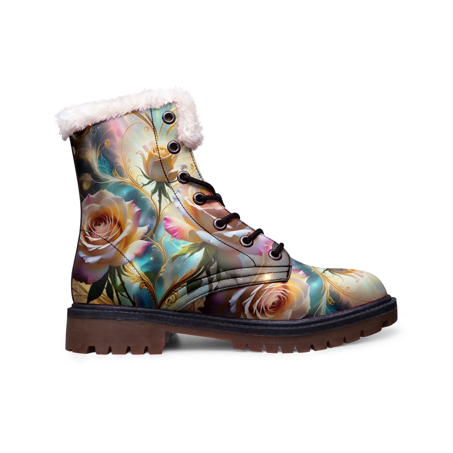 Emerald Blossoms - Boho Rose Faux Fur Leather Boots for Nature-Loving Hippies