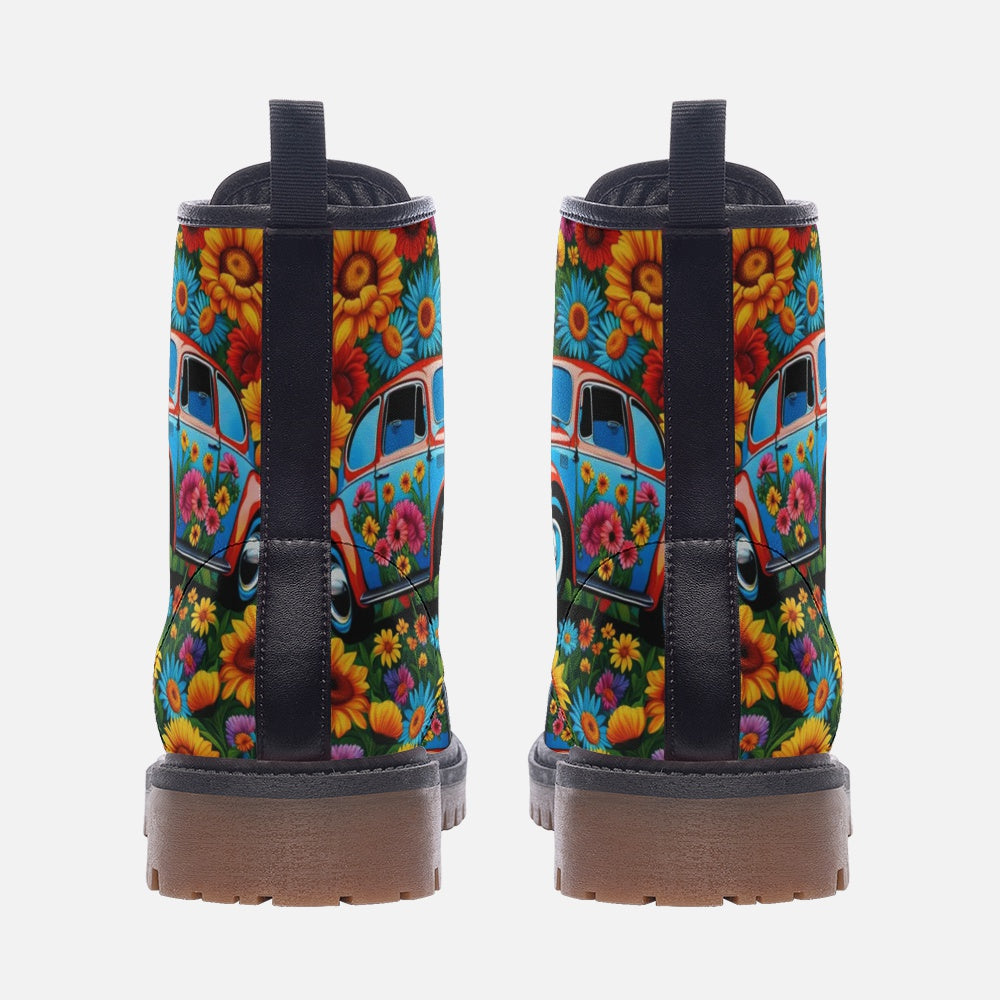 Emerald Blossoms - Volkswagen Beetle, Flower Shower Casual Leather Lightweight Boots For Hippies