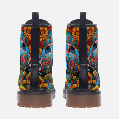 Emerald Blossoms - Volkswagen Beetle, Flower Shower Casual Leather Lightweight Boots For Hippies