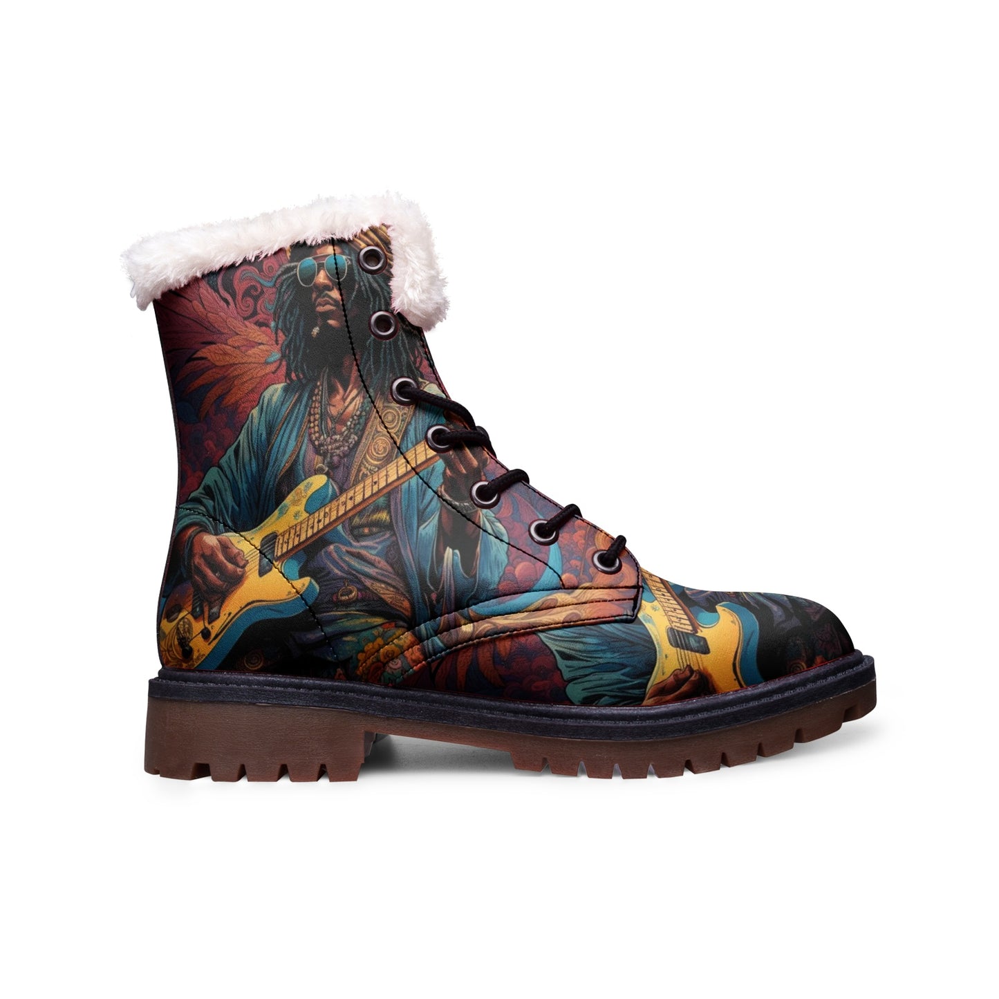 Emerald Blossoms - Hippie Faux Fur Leather Boots For Music Lovers and Free Spirits