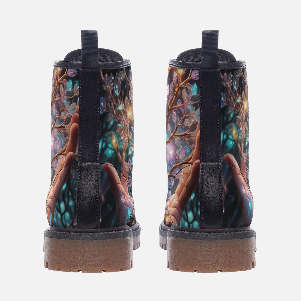 Emerald Blossoms - Tree of Life Hand Vegan Leather Boots, Boho Hippie Style