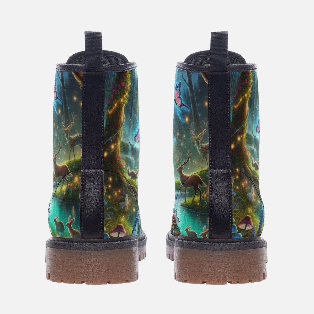 Emerald Blossoms - Waterfall Forest Vegan Leather Boots, Nature Lovers Hippie Style