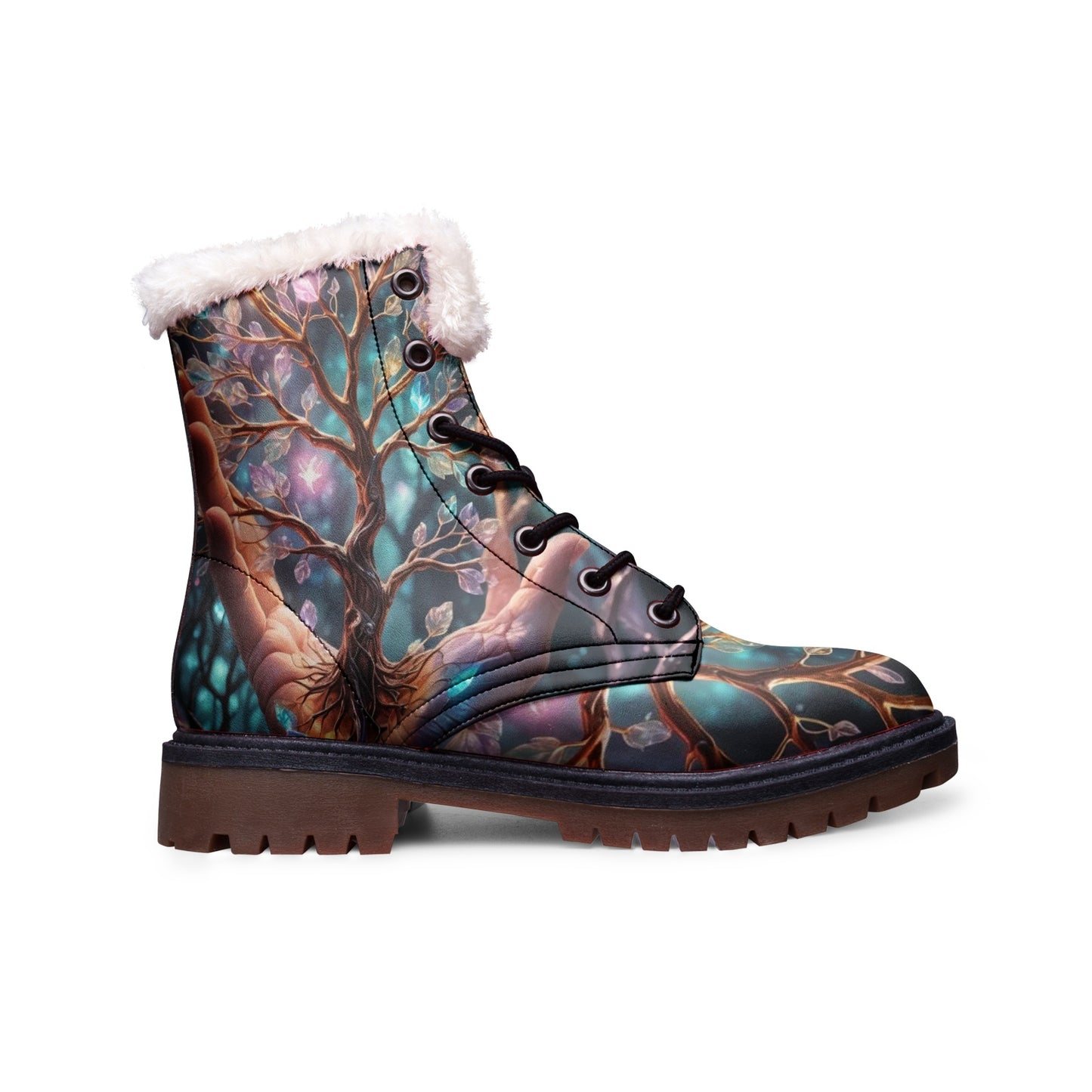 Emerald Blossoms - Colorful Tree of Life Faux Fur Leather Boots for Free-Spirited Hippies