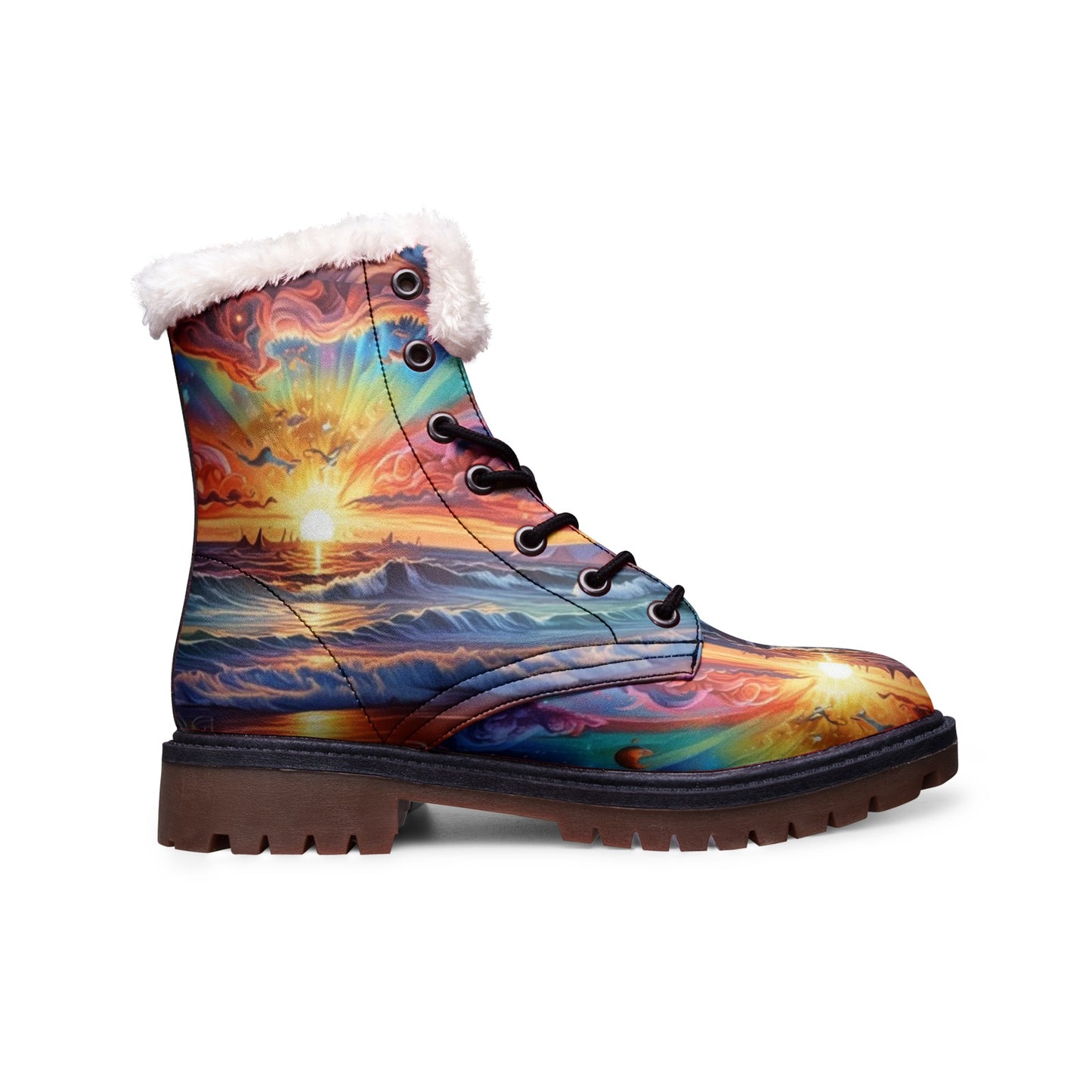 Emerald Blossoms - Colorful Sunset Beach Faux Fur Leather Boots, Vibrant Hippie Style Footwear