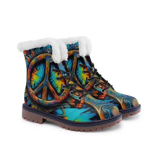 Emerald Blossoms - Faux Fur Leather Boots With Colorful Hippie Symbols – Boots For The True Hippie