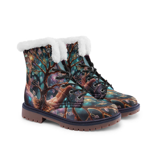 Emerald Blossoms - Colorful Tree of Life Faux Fur Leather Boots for Free-Spirited Hippies