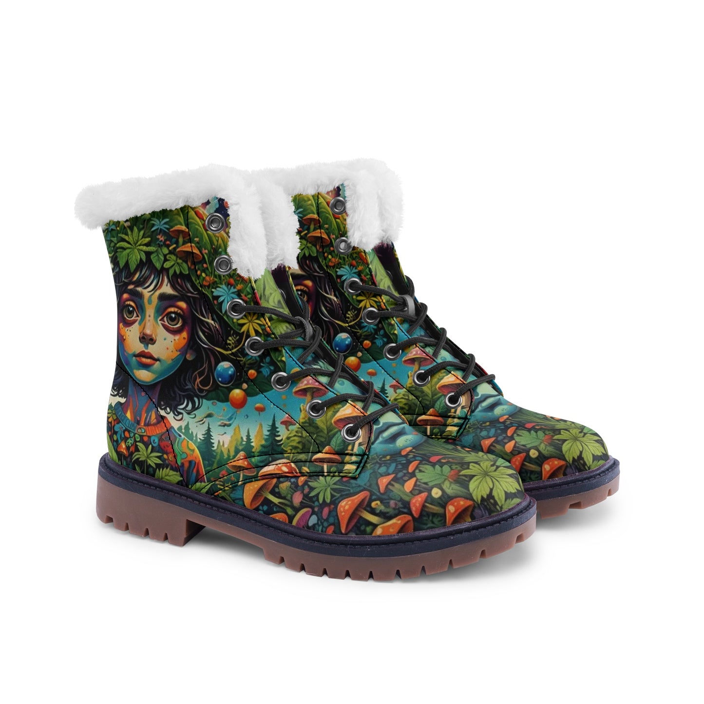 Emerald Blossoms - Forest Girl & Magic Mushrooms Faux Fur Leather Boots – Nature-Loving Hippie Style