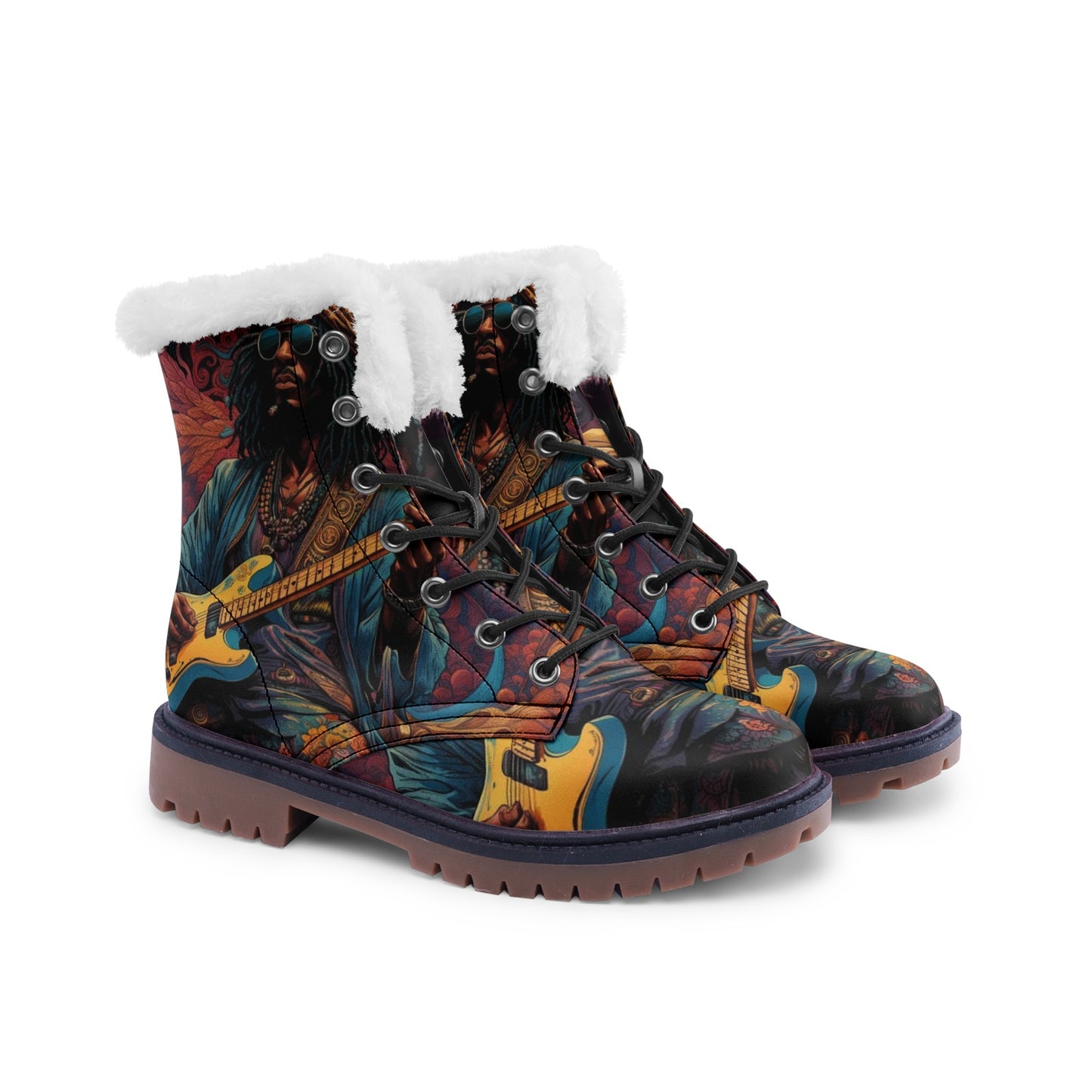 Emerald Blossoms - Hippie Faux Fur Leather Boots For Music Lovers and Free Spirits