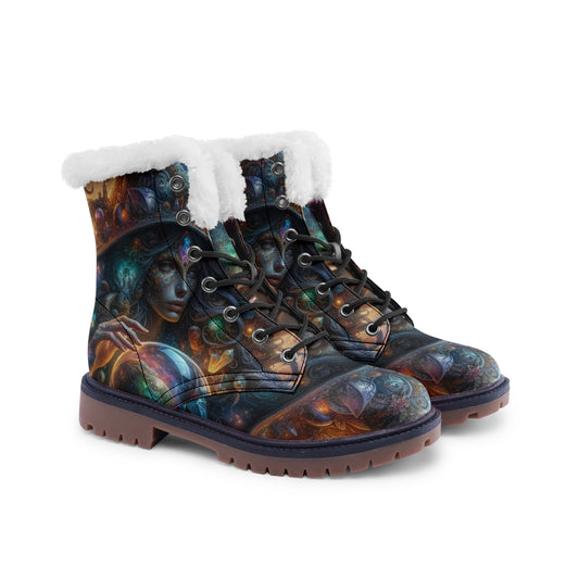 Emerald Blossoms - Galaxy Witch Faux Fur Leather Boots for Mystical Hippies