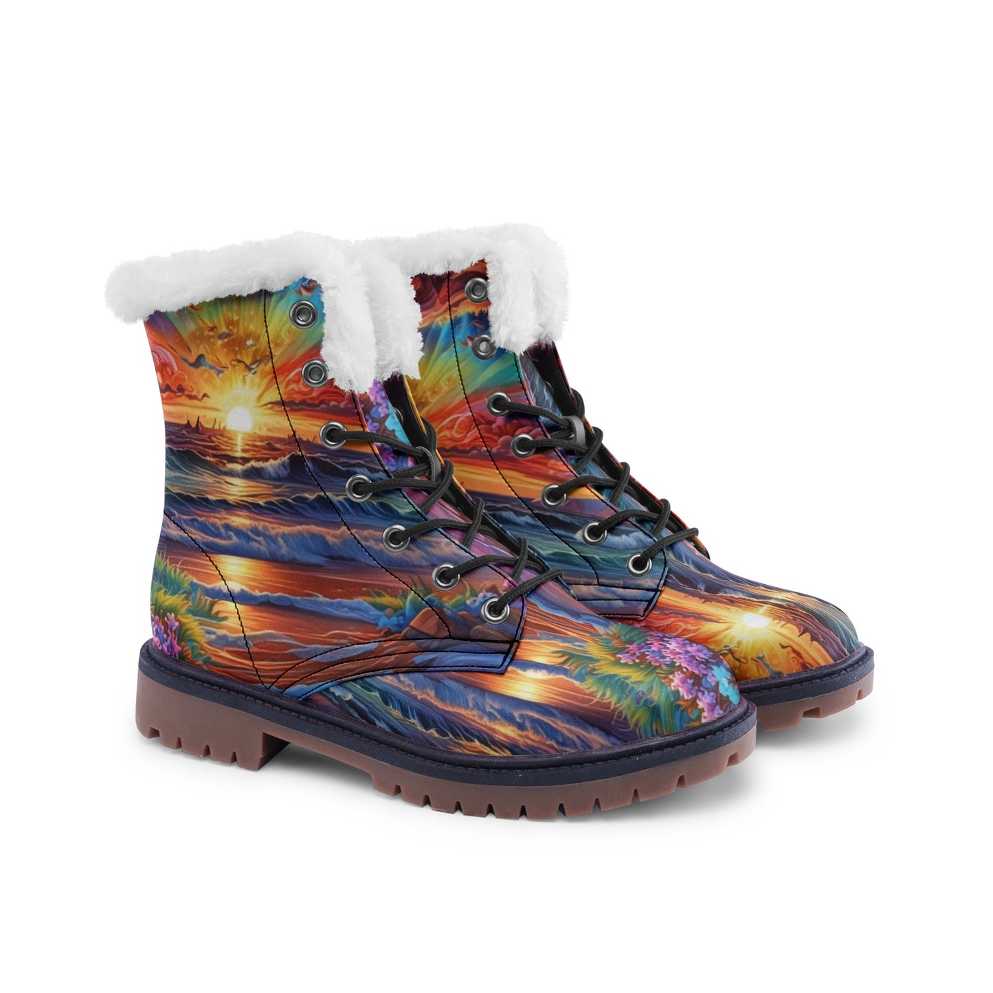 Emerald Blossoms - Colorful Sunset Beach Faux Fur Leather Boots, Vibrant Hippie Style Footwear