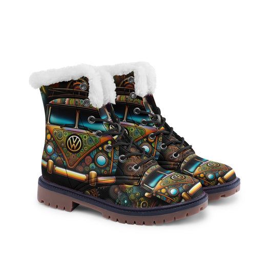 Emerald Blossoms - Hippie Bus Printed Faux Fur Boots, Stylish and Creative