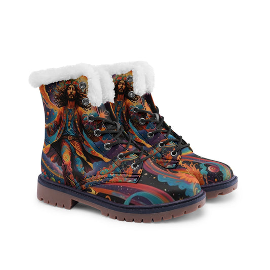 Emerald Blossoms - Hippie Flying Man Faux Fur Leather Boots