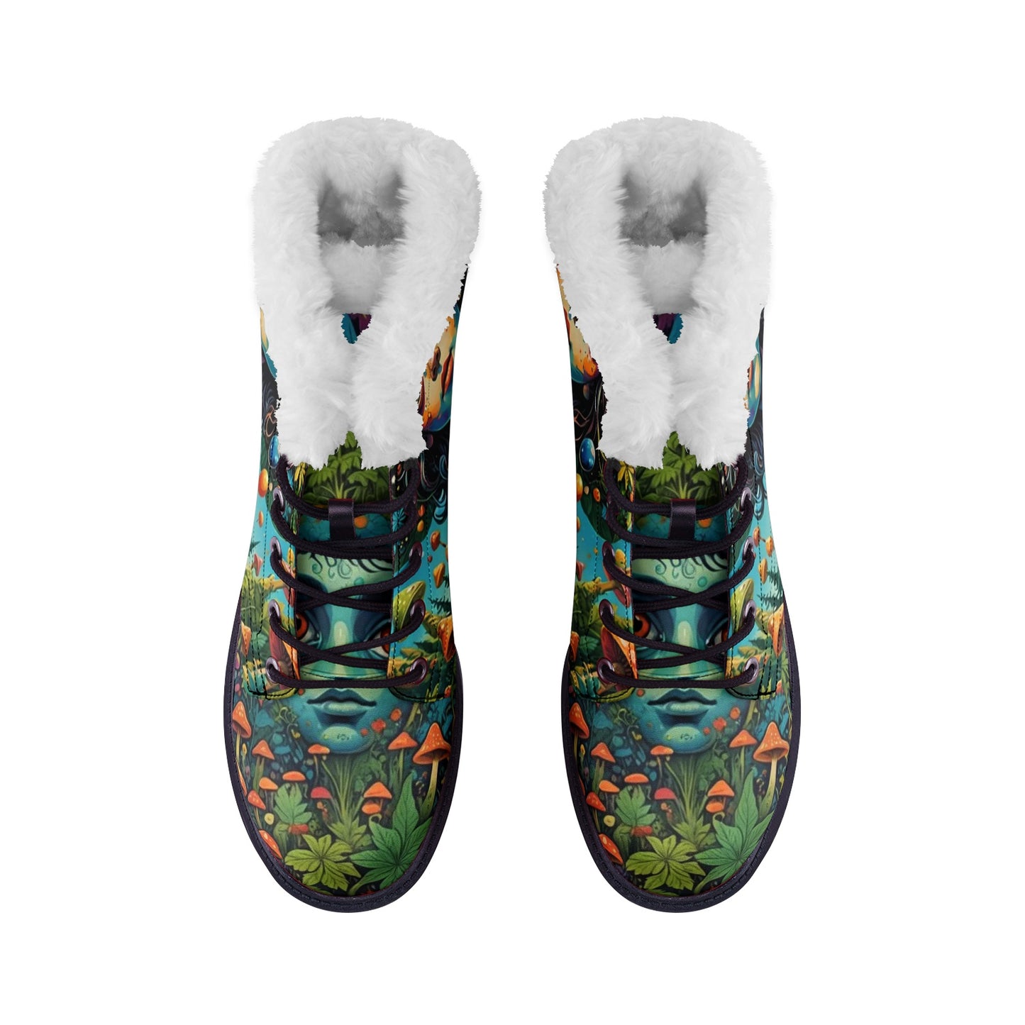 Emerald Blossoms - Forest Girl & Magic Mushrooms Faux Fur Leather Boots – Nature-Loving Hippie Style