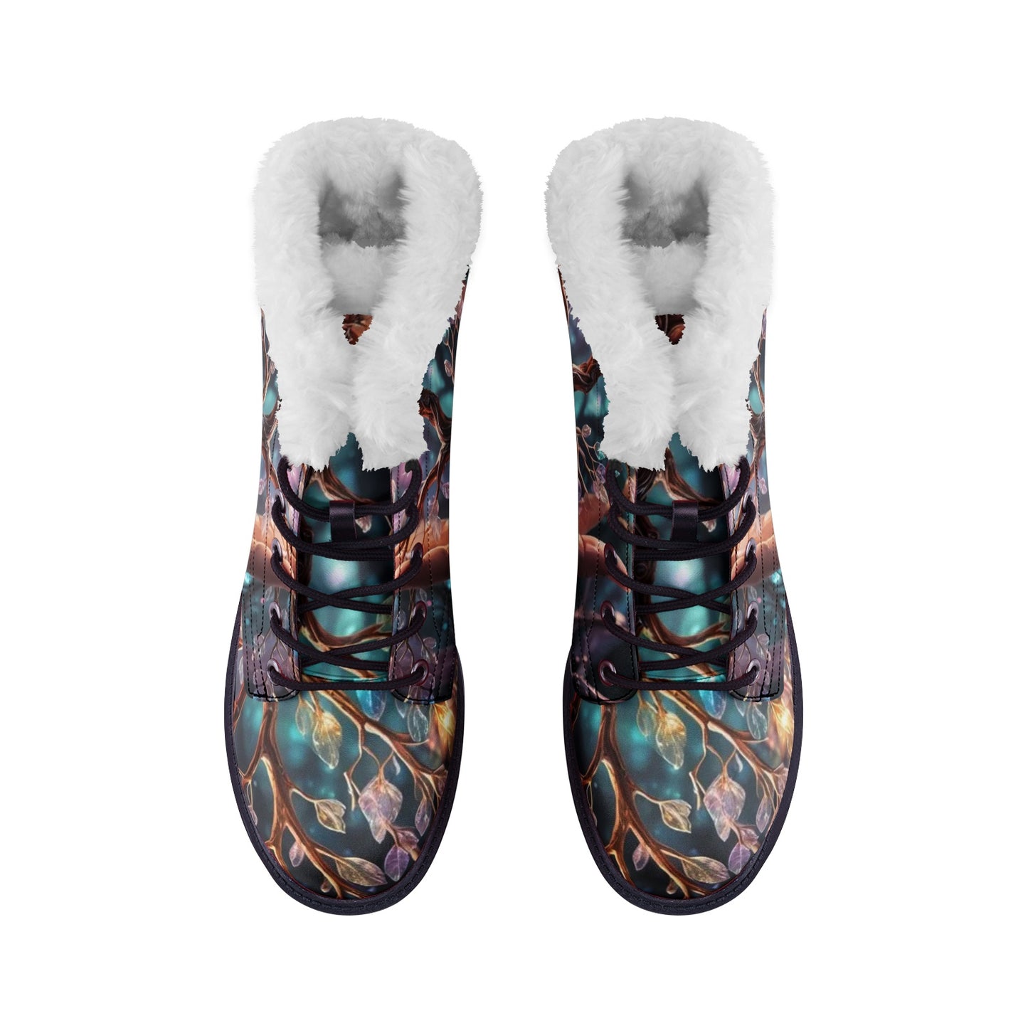 Emerald Blossoms - Colorful Tree of Life Faux Fur Leather Boots for Free-Spirited Hippies