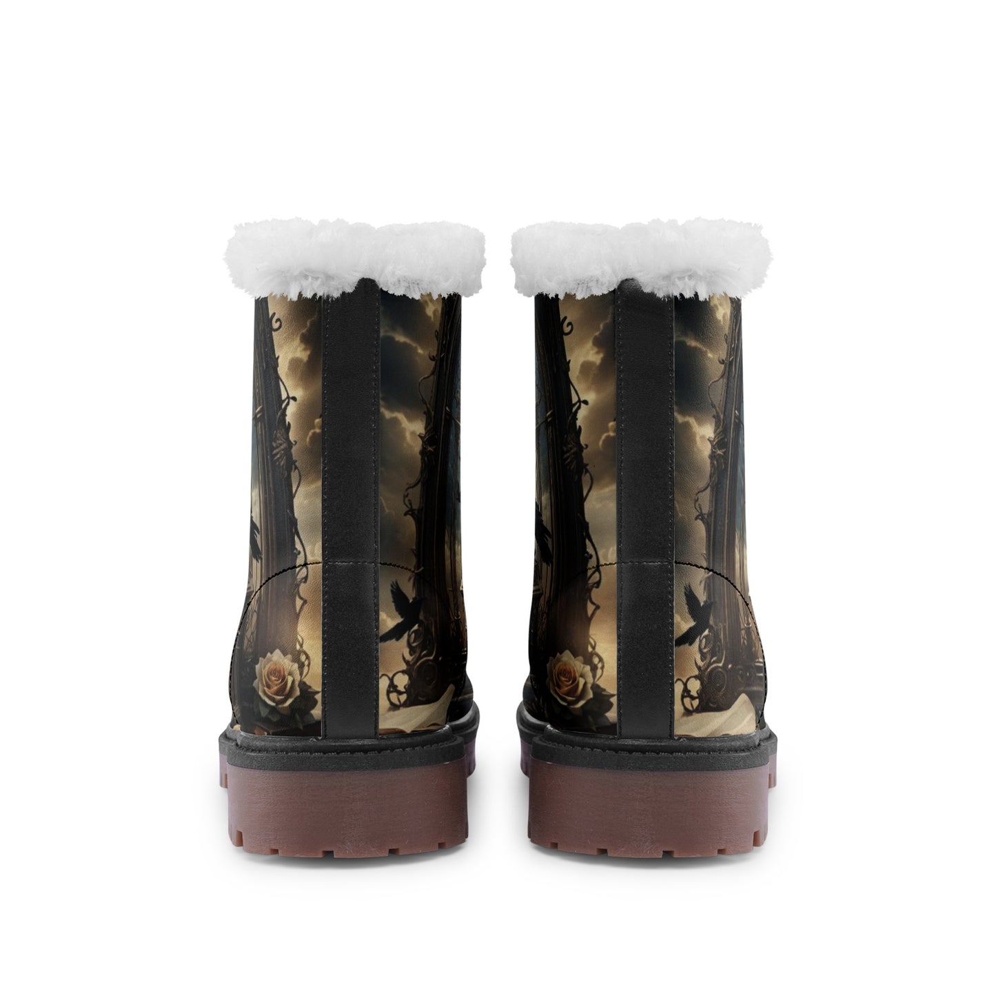 Emerald Blossoms - Witchy Night Crow Faux Fur Leather Boots, Dark and Mysterious Gothic Style