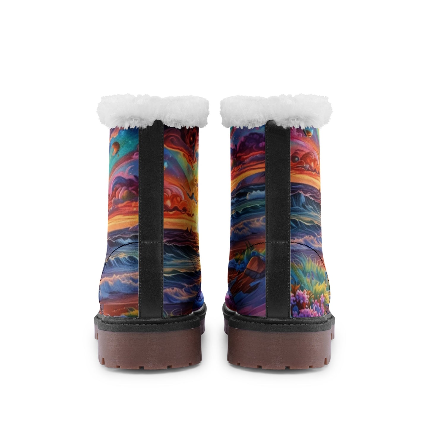 Emerald Blossoms - Colorful Sunset Beach Faux Fur Leather Boots, Vibrant Hippie Style Footwear