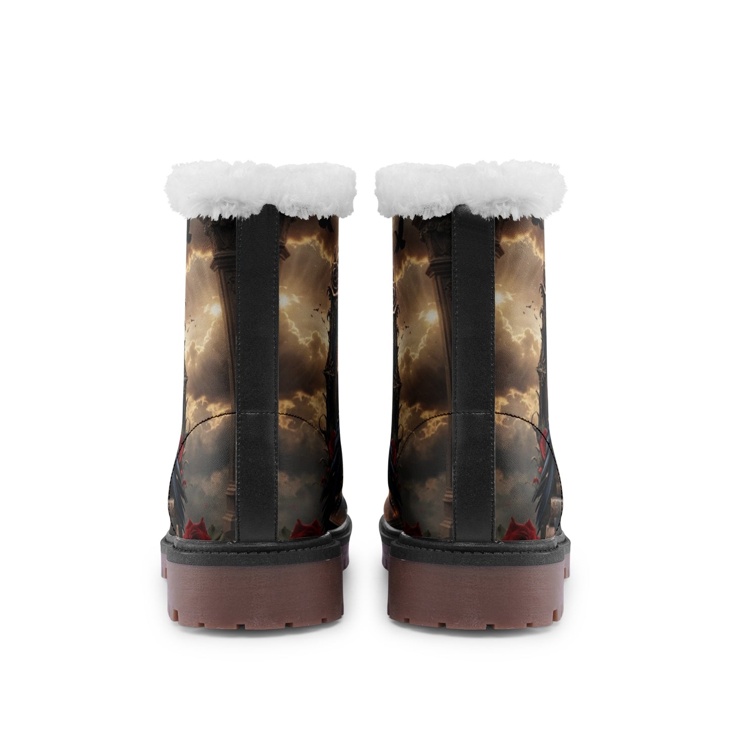 Emerald Blossoms - Mystical Crow Witchy Night Faux Fur Leather Boots, Enigmatic Dark Style Footwear