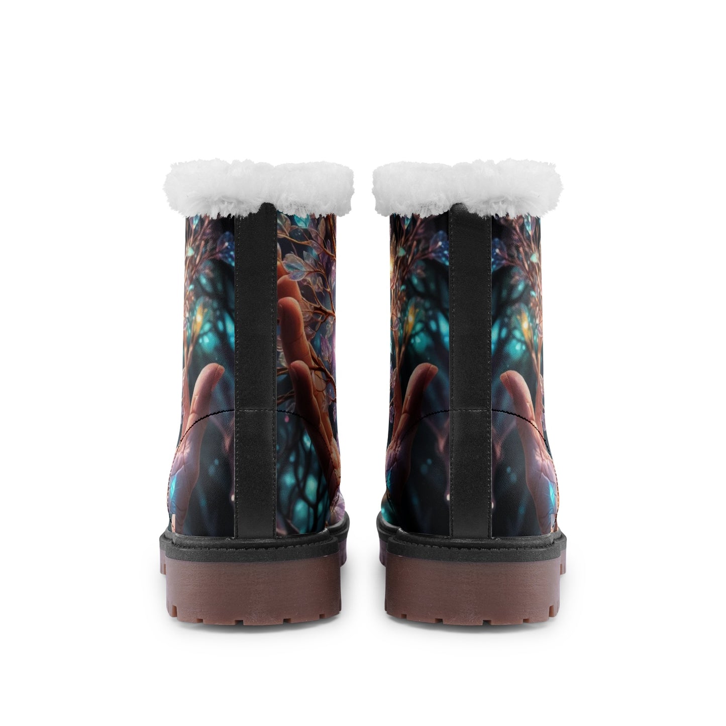 Emerald Blossoms - Colorful Tree of Life Faux Fur Leather Boots for Free-Spirited Hippies