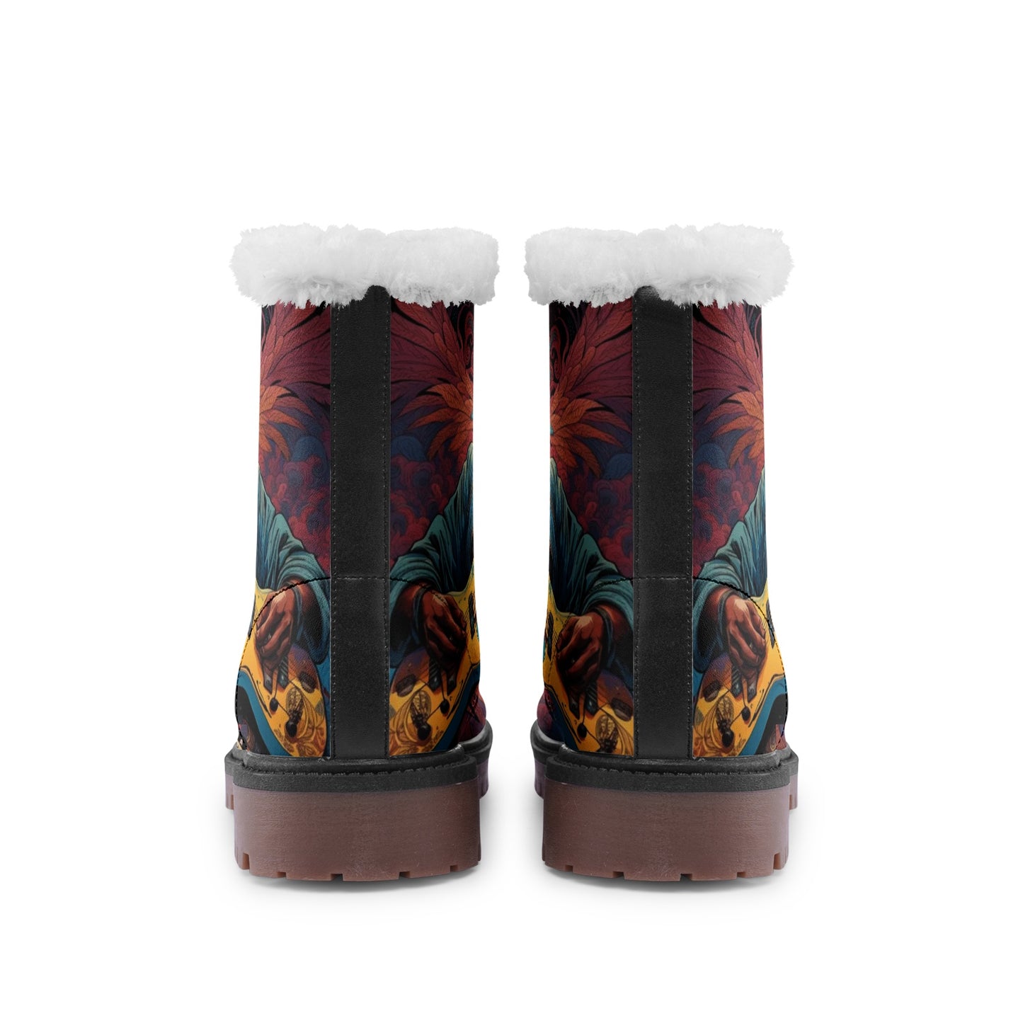 Emerald Blossoms - Hippie Faux Fur Leather Boots For Music Lovers and Free Spirits