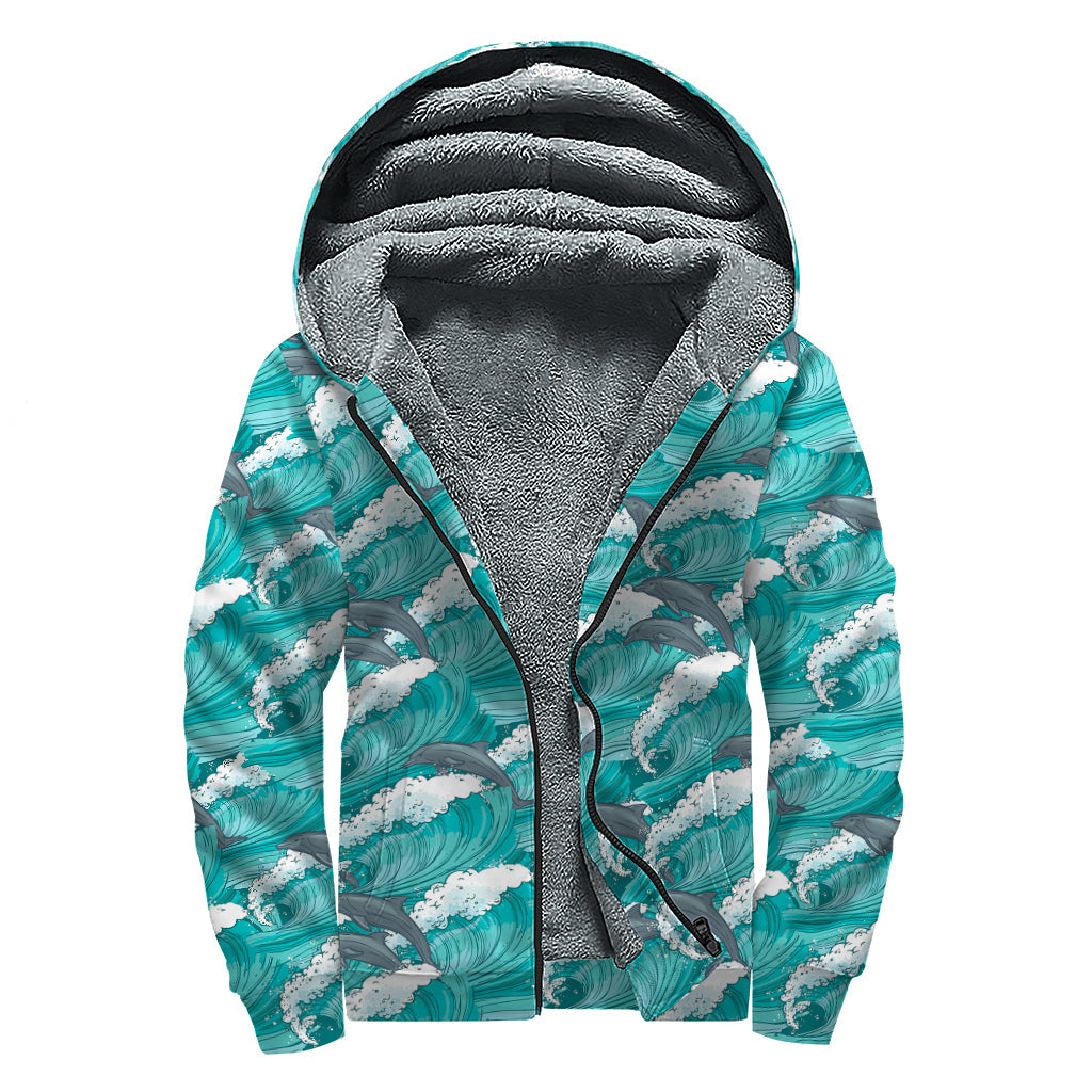 Dolphin Riding Waves Pattern Print Sherpa Lined Hippie Zip Up Hoodie - 1