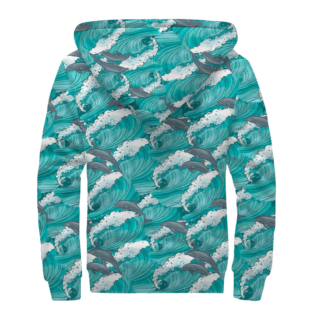 Dolphin Riding Waves Pattern Print Sherpa Lined Hippie Zip Up Hoodie - 2