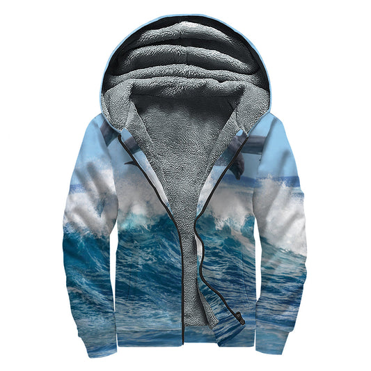 Dolphins Jumping Over Waves Hippie Sherpa Lined Zip Up Hoodie - 1