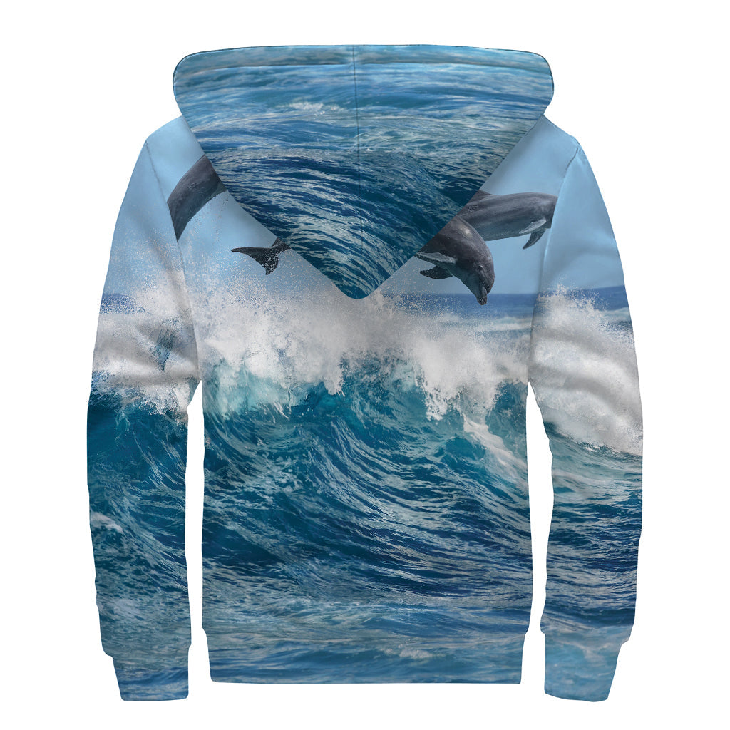 Dolphins Jumping Over Waves Hippie Sherpa Lined Zip Up Hoodie - 2