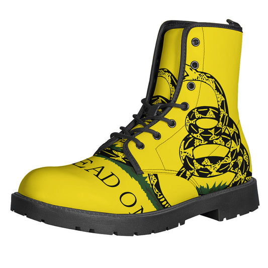 Groovy Vibes: Don't Tread on Me Gadsden Flag Print Lightweight Leather Boots for the Modern Hippie - 1