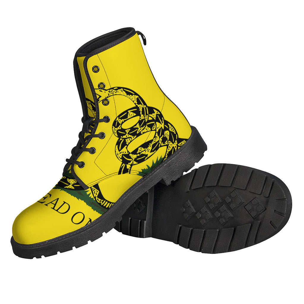 Groovy Vibes: Don't Tread on Me Gadsden Flag Print Lightweight Leather Boots for the Modern Hippie - 2