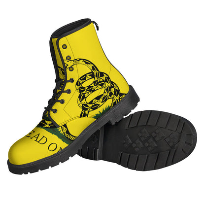 Groovy Vibes: Don't Tread on Me Gadsden Flag Print Lightweight Leather Boots for the Modern Hippie - 2