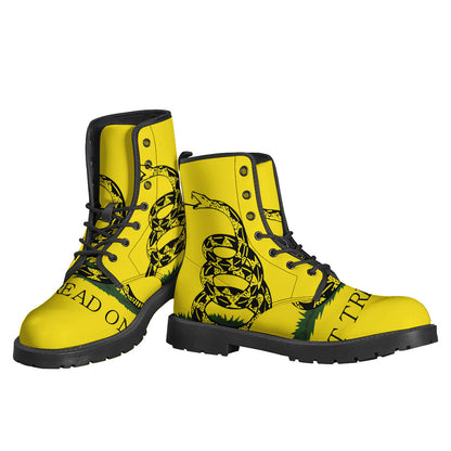 Groovy Vibes: Don't Tread on Me Gadsden Flag Print Lightweight Leather Boots for the Modern Hippie - 3