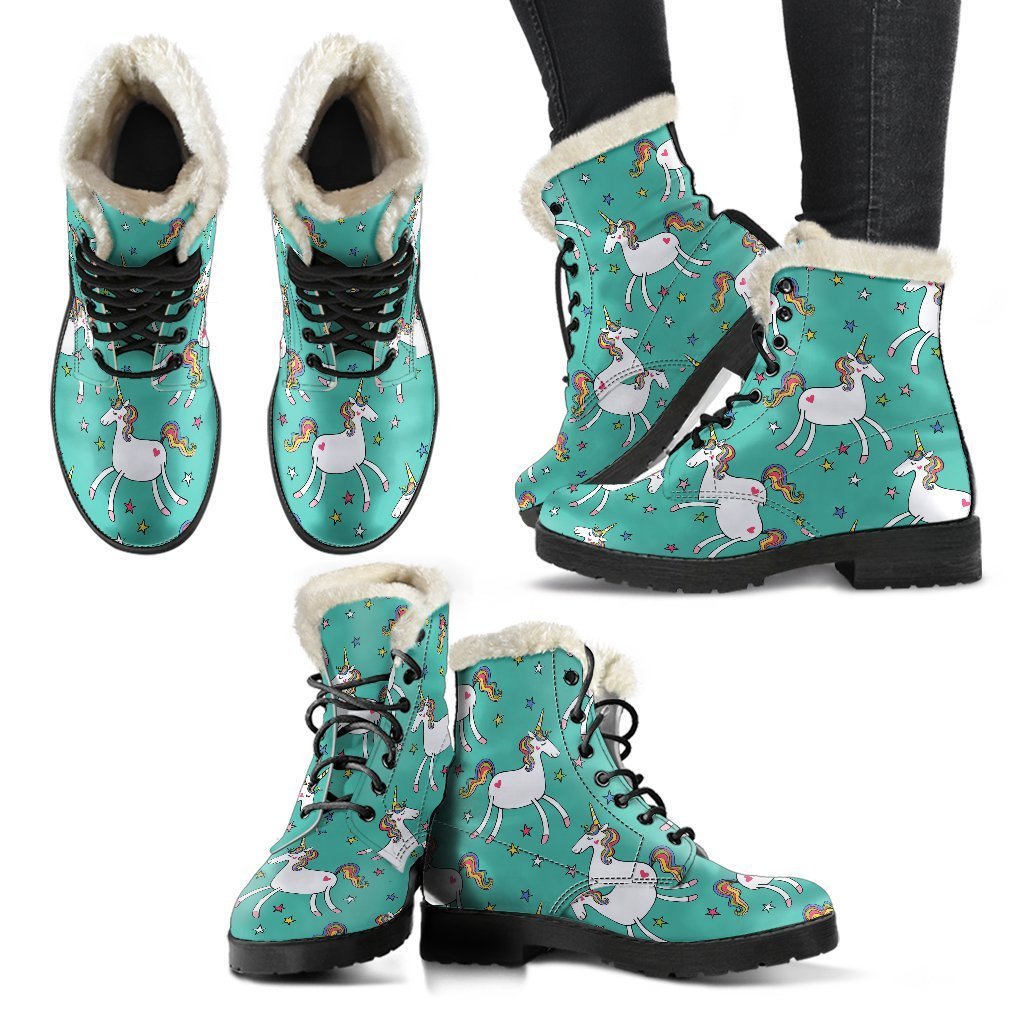 Doodle Unicorn Pattern Faux Fur Leather Boots - Groovy Hippies Style - 2