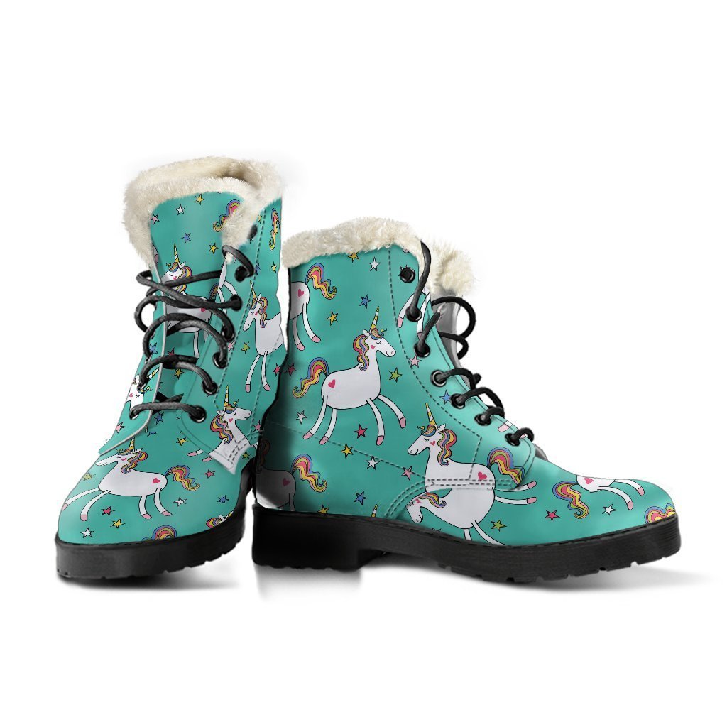 Doodle Unicorn Pattern Faux Fur Leather Boots - Groovy Hippies Style - 3