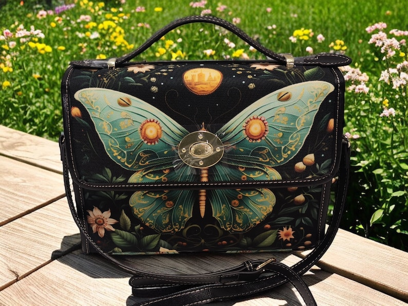 Emerald Blossoms - Mystical Luna Moth Canvas Satchel Bag