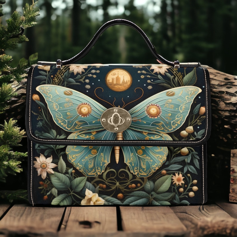 Emerald Blossoms - Mystical Luna Moth Canvas Satchel Bag