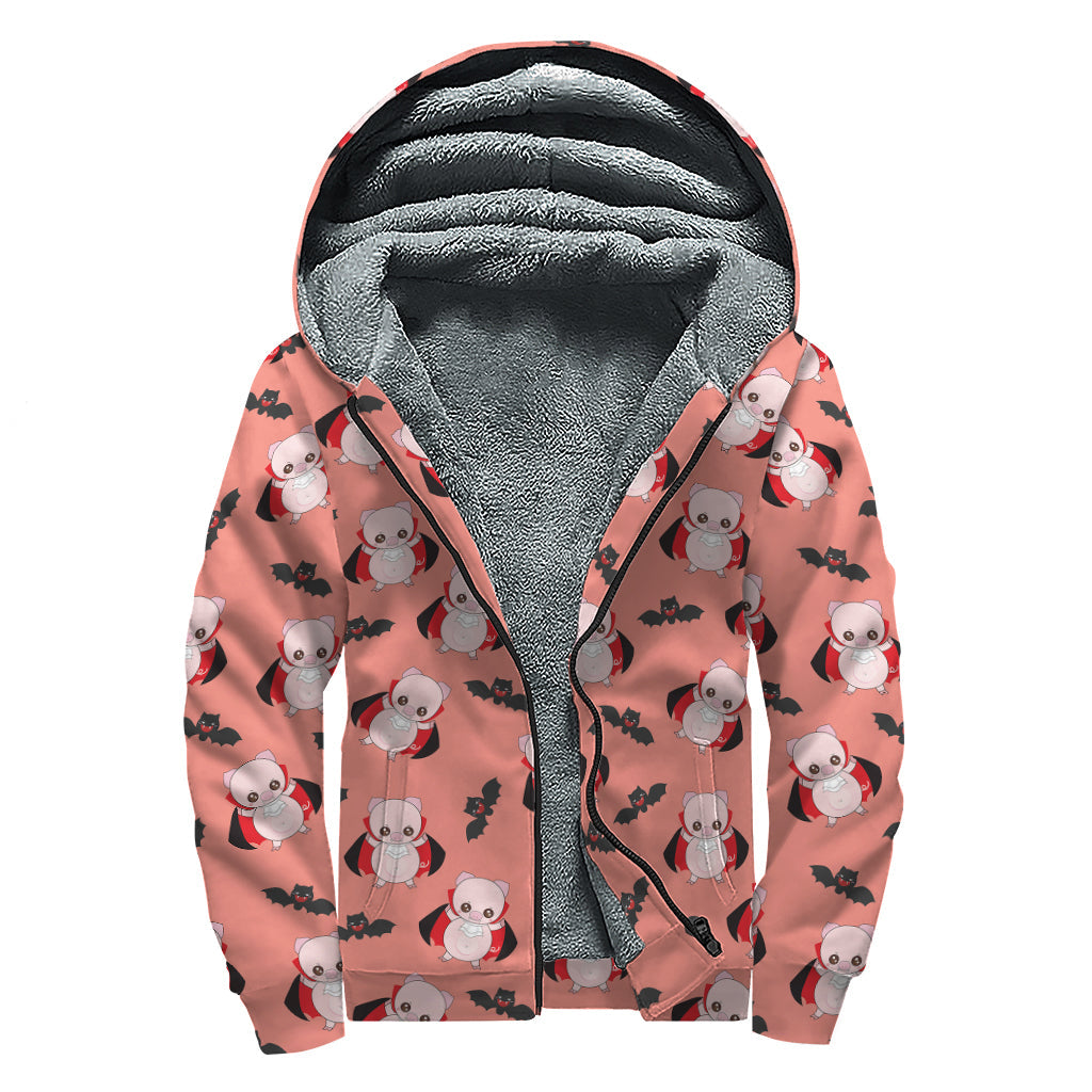 Dracula Pig Pattern Print Sherpa Lined Zip Up Hoodie for Groovy Hippies - 1