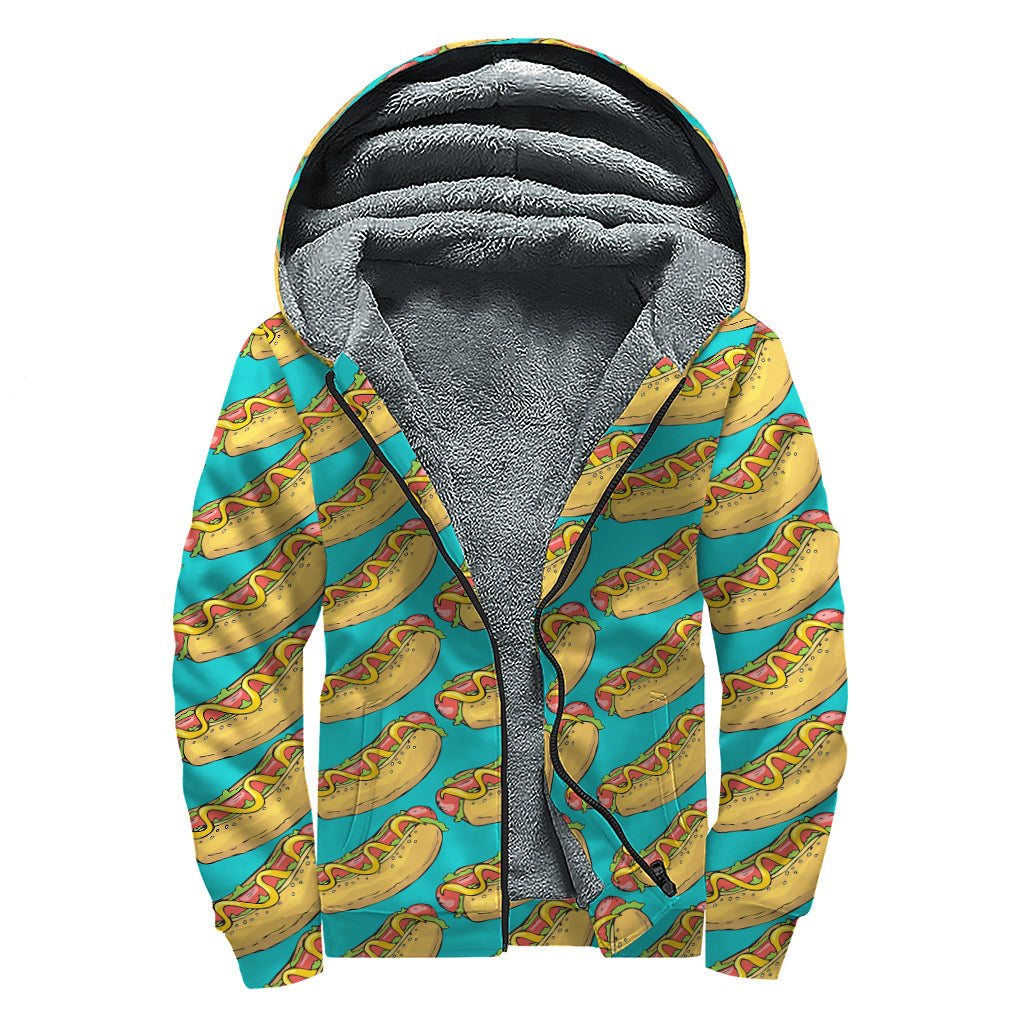 Groovy Hot Dog Pattern Print Sherpa Lined Zip Up Hoodie for the Free Spirited Hippie - 1