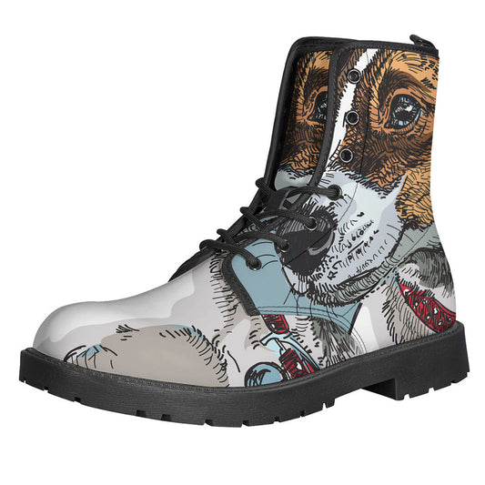 Hippie Chic: Hand-Drawn Jack Russell Terrier Print Leather Boots - 1