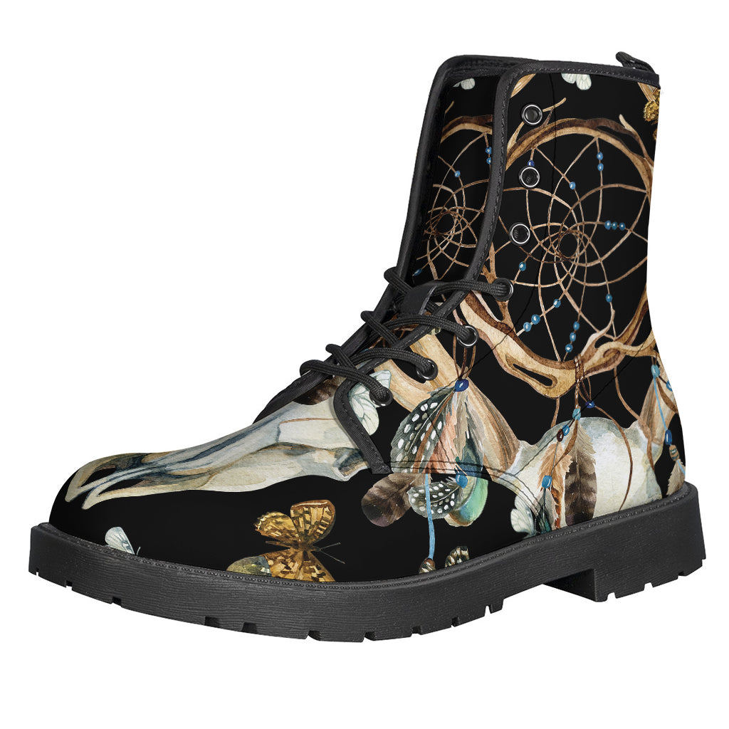 Dreamcatcher Deer Skull Print Leather Boots: The Perfect Choice for Stylish Hippies! - 1