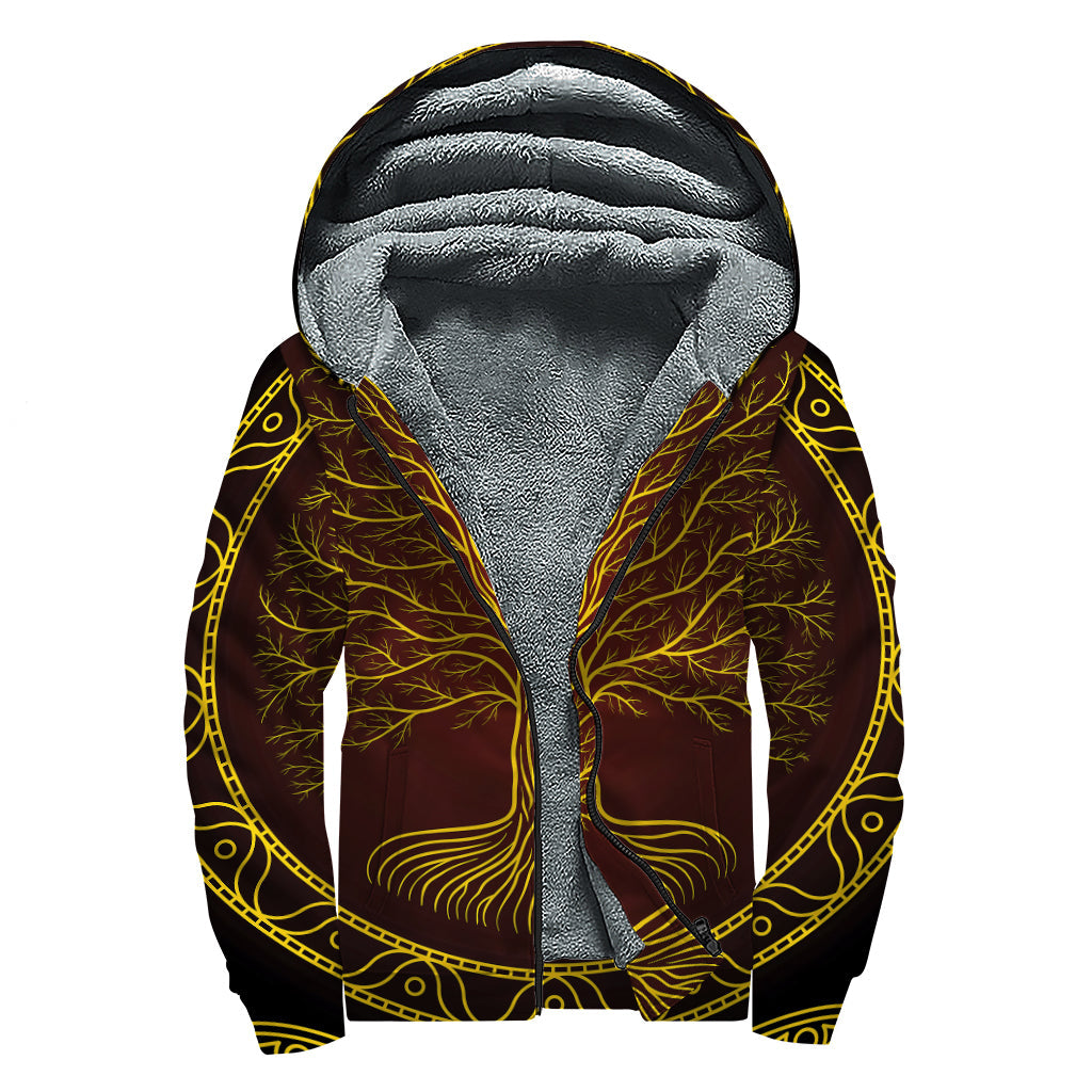 Groove with Mother Nature: Druidic Yggdrasil Tree Print Sherpa Lined Zip Up Hoodie - 1