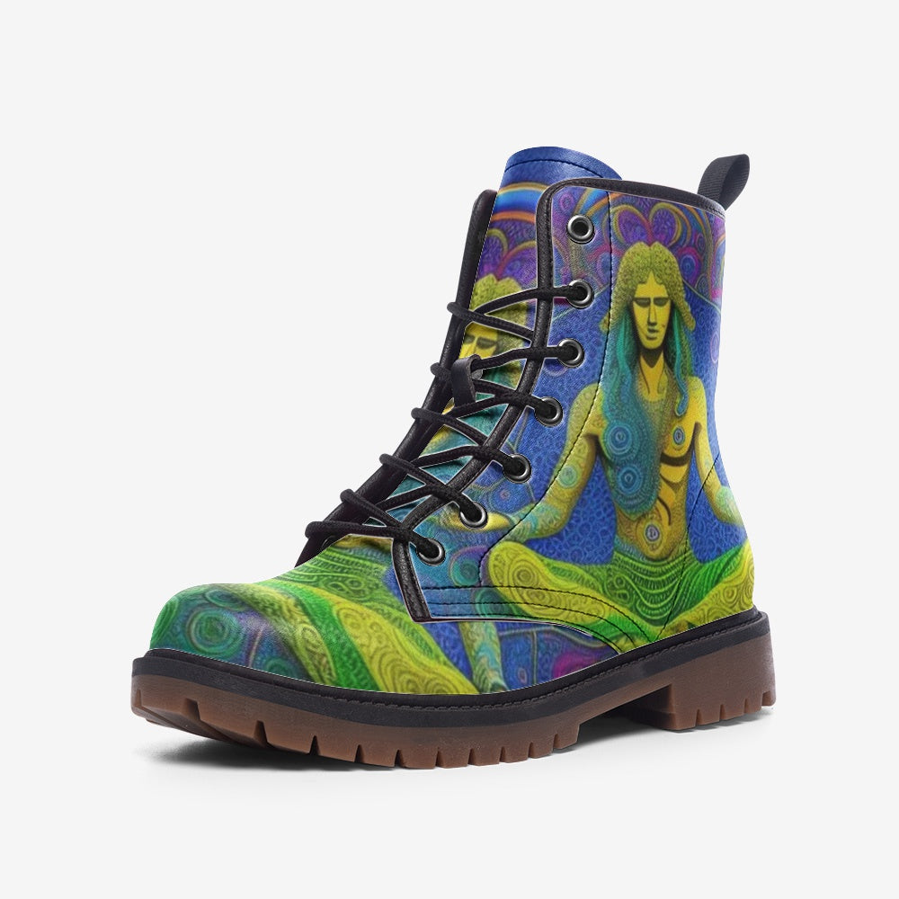 Emerald Blossoms - Meditating Man on Leather Lightweight Boots for Hippies