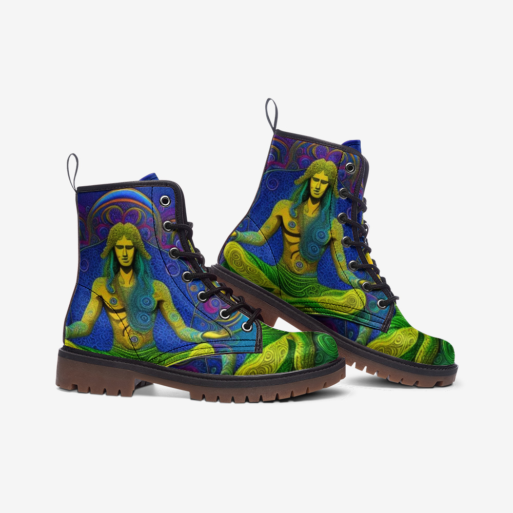 Emerald Blossoms - Meditating Man on Leather Lightweight Boots for Hippies