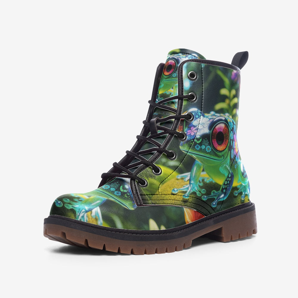 Emerald Blossoms - Cute Green Frog, Tropical Forest Creature Casual Leather Lightweight Boots For Hippies