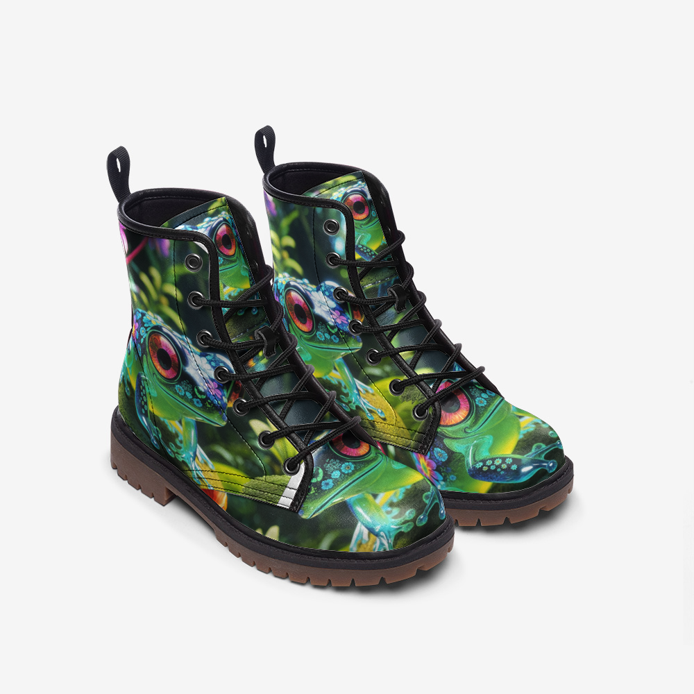 Emerald Blossoms - Cute Green Frog, Tropical Forest Creature Casual Leather Lightweight Boots For Hippies